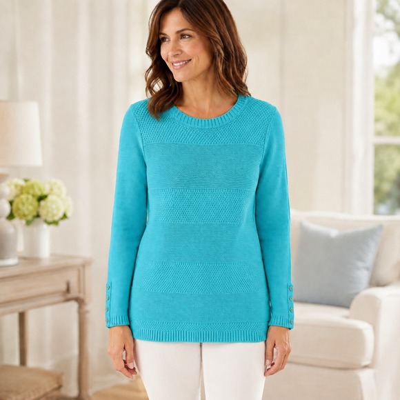 Talbots Sweaters - Talbots Aqua Blue Mixed Stitch Cotton Sweater Petite Medium Long Sleeve Button